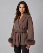 Womens Belted Wrap Coat Faux Fur Cuffs Shawl Collar