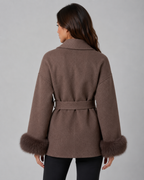 Womens Belted Wrap Coat Faux Fur Cuffs Shawl Collar