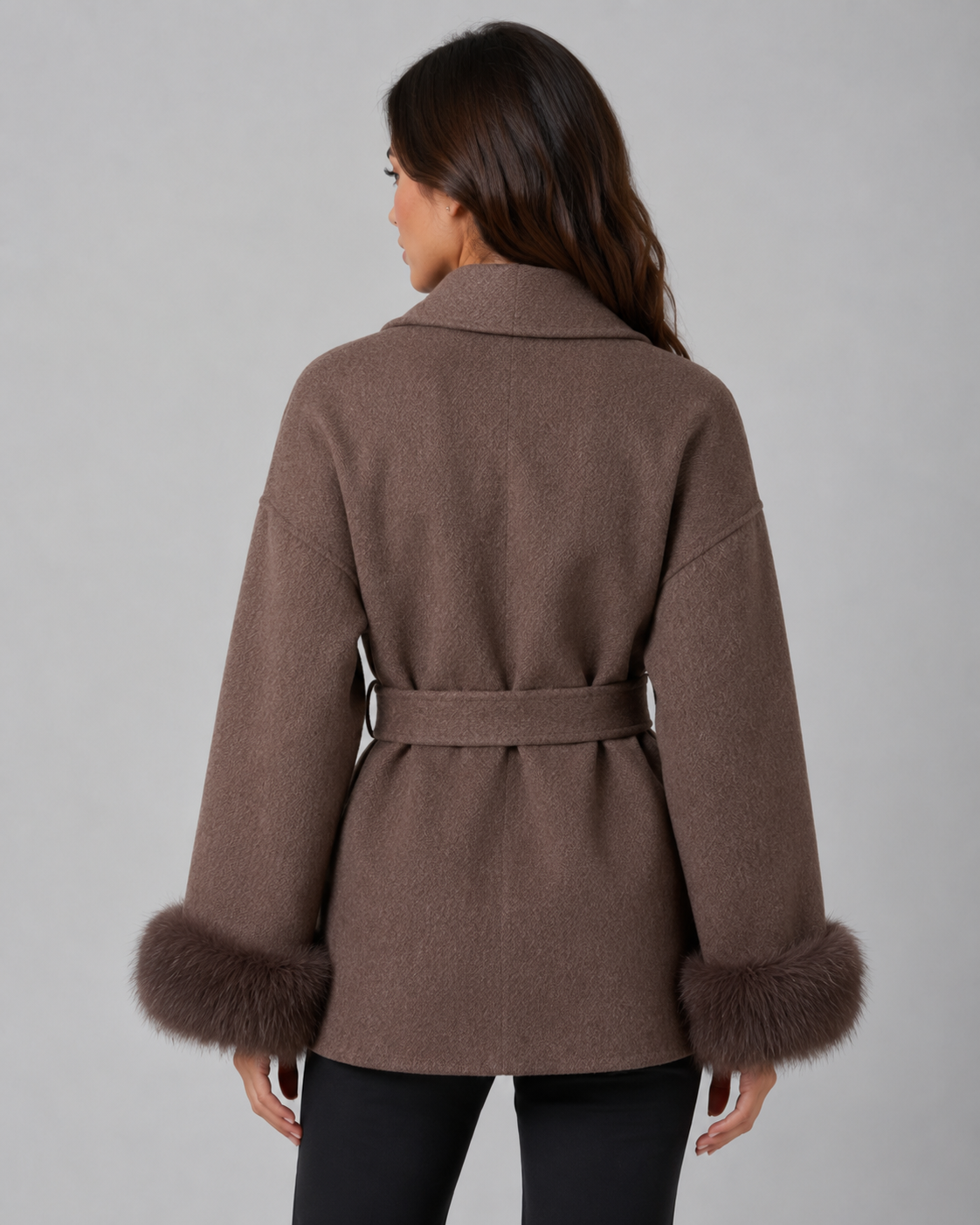 Womens Belted Wrap Coat Faux Fur Cuffs Shawl Collar