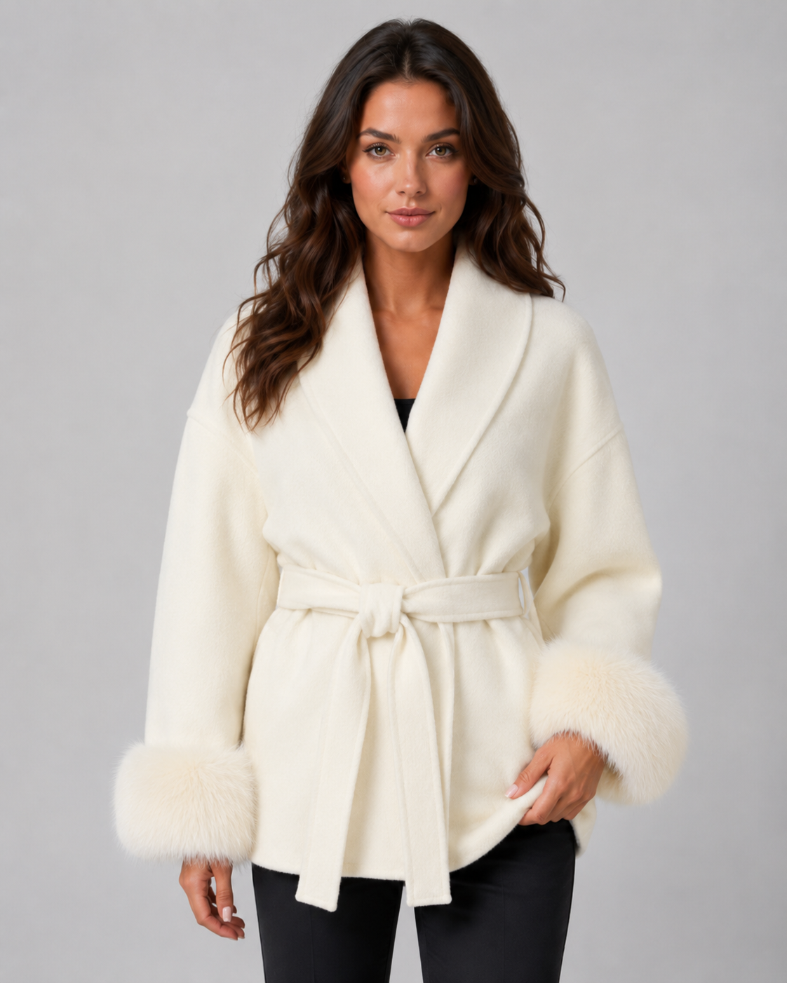 Womens Belted Wrap Coat Faux Fur Cuffs Shawl Collar