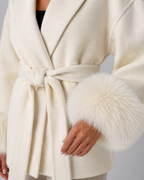 Womens Belted Wrap Coat Faux Fur Cuffs Shawl Collar