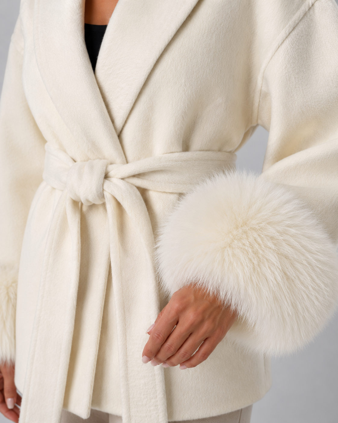 Womens Belted Wrap Coat Faux Fur Cuffs Shawl Collar