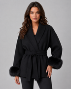 Womens Belted Wrap Coat Faux Fur Cuffs Shawl Collar