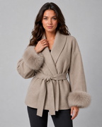 Womens Belted Wrap Coat Faux Fur Cuffs Shawl Collar