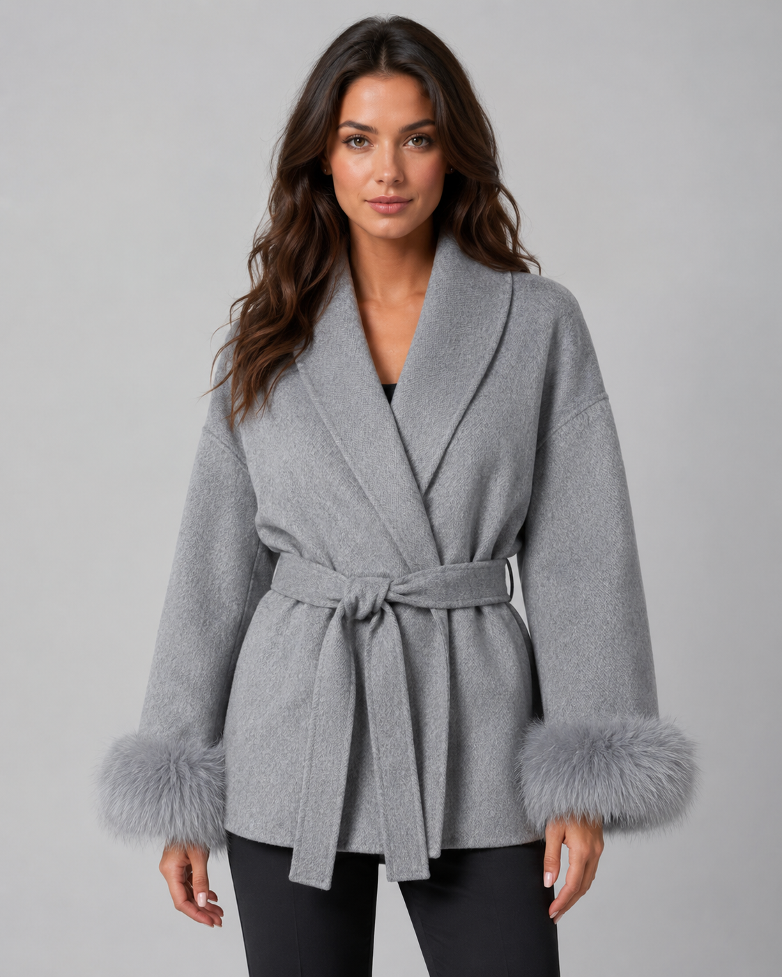 Womens Belted Wrap Coat Faux Fur Cuffs Shawl Collar