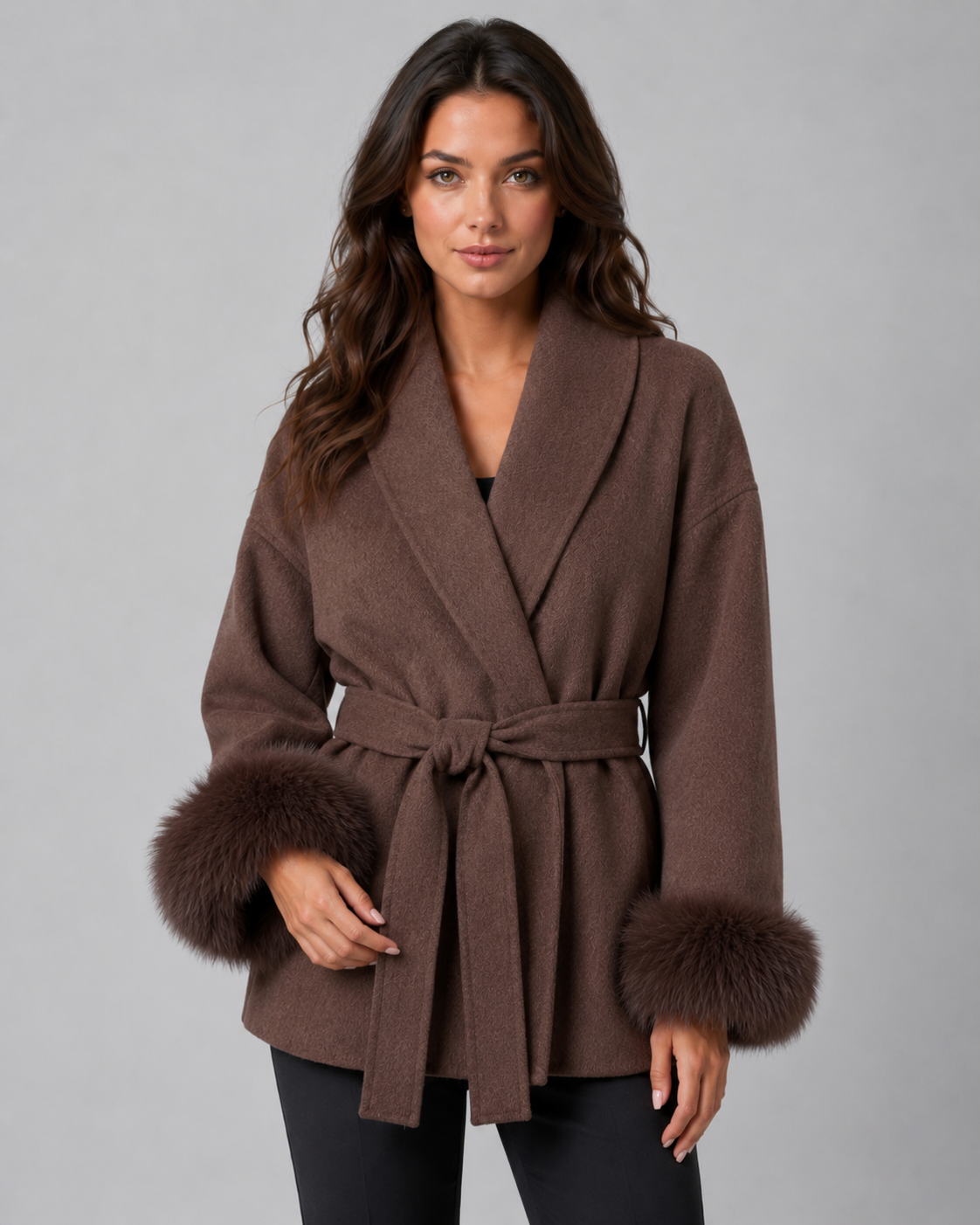 Womens Belted Wrap Coat Faux Fur Cuffs Shawl Collar