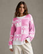 Women's Bow Knit Sweater - Relaxed Checkerboard Streetwear