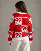 Women's Bow Knit Sweater - Relaxed Checkerboard Streetwear