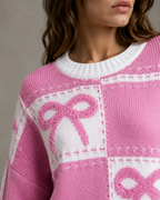 Women's Bow Knit Sweater - Relaxed Checkerboard Streetwear