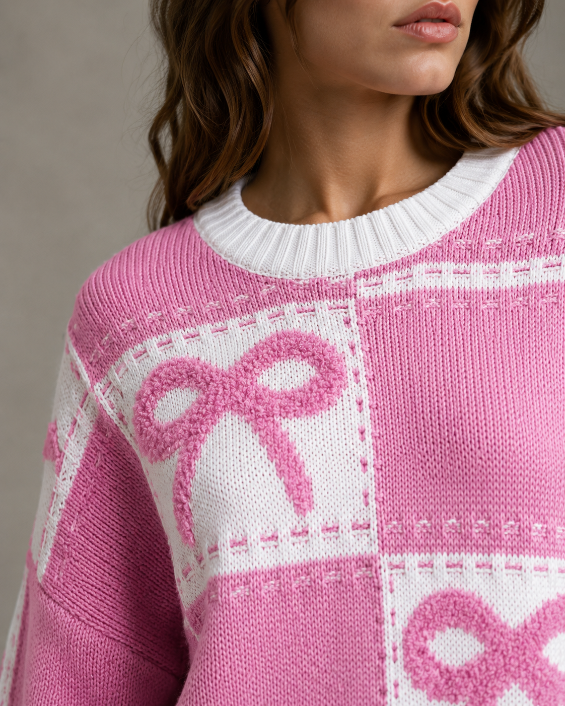 Women's Bow Knit Sweater - Relaxed Checkerboard Streetwear