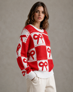 Women's Bow Knit Sweater - Relaxed Checkerboard Streetwear