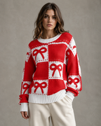 Women's Bow Knit Sweater - Relaxed Checkerboard Streetwear