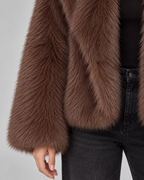 Women's Brown Faux Fur Jacket - Plush Wide Collar Cropped Relaxed Fit