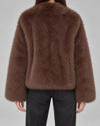 Women's Brown Faux Fur Jacket - Plush Wide Collar Cropped Relaxed Fit