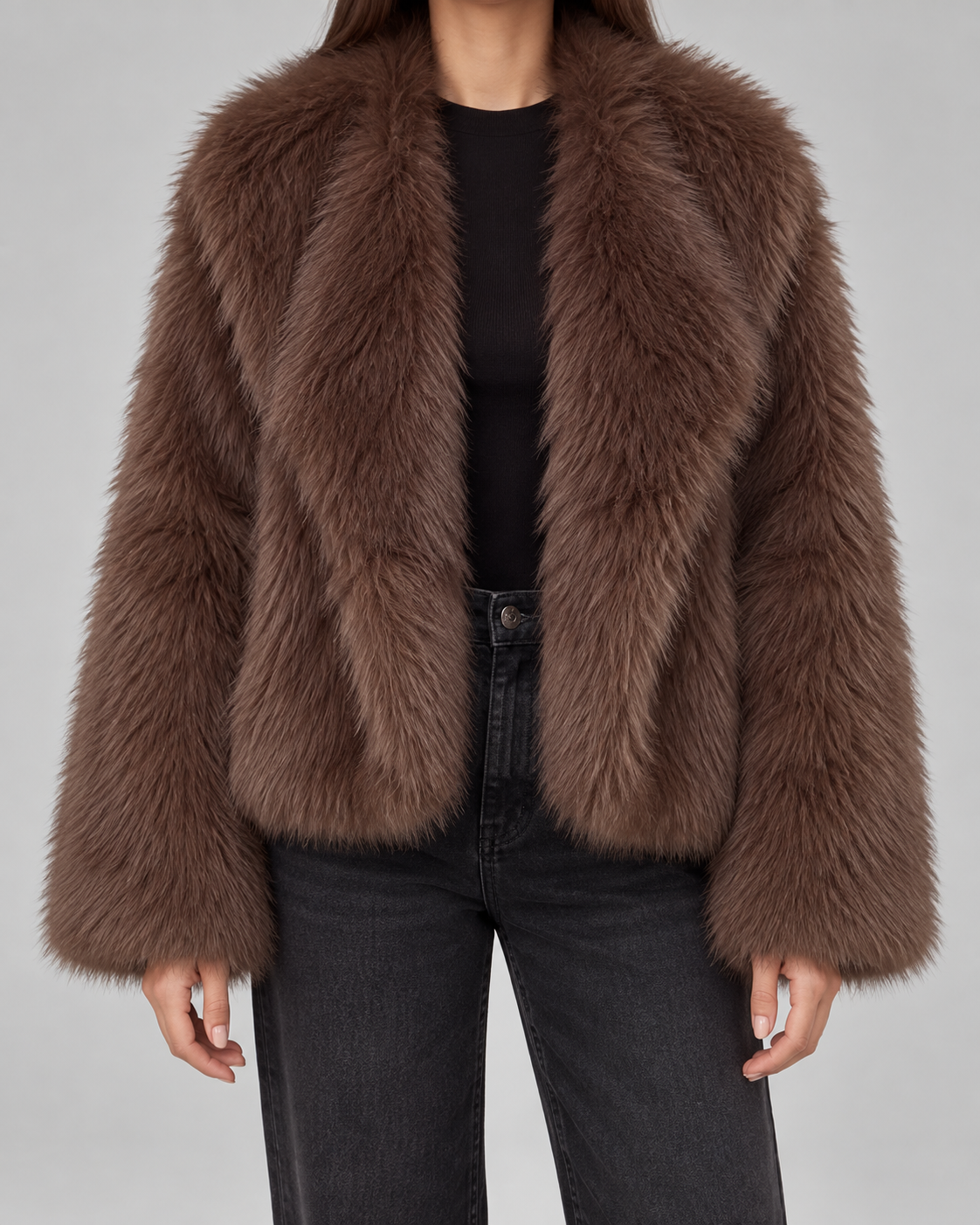 Women's Brown Faux Fur Jacket - Plush Wide Collar Cropped Relaxed Fit