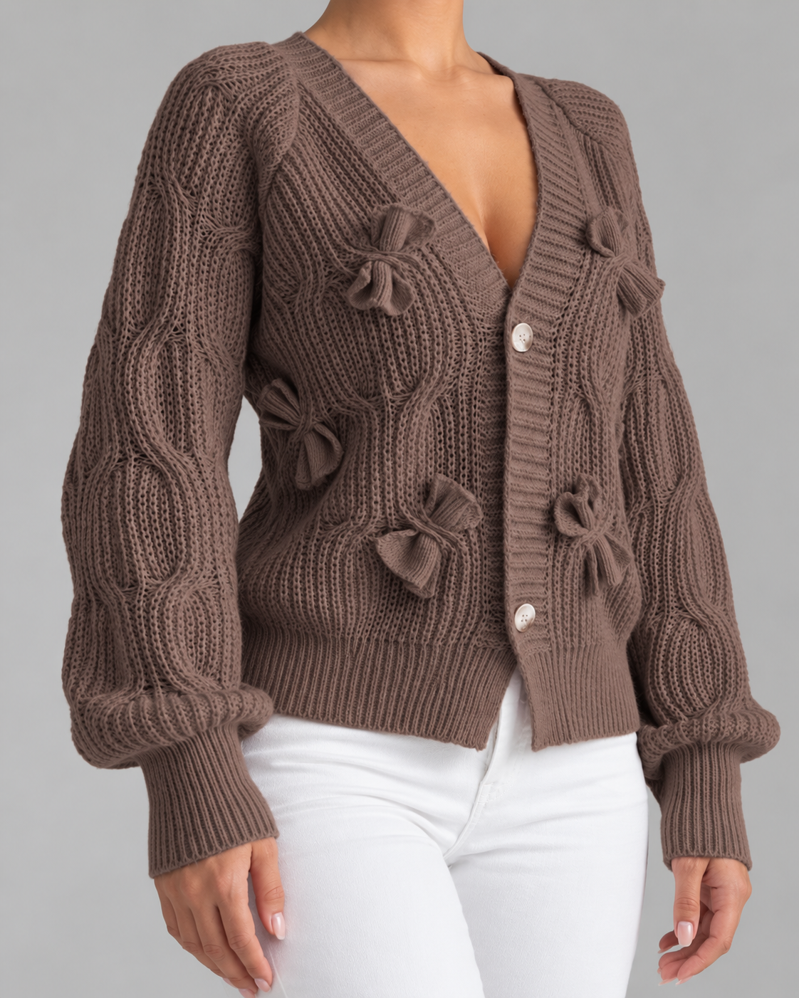 Women's Cable Knit Bow Cardigan - V-Neck Button Front Balloon Sleeve