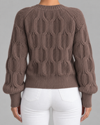 Women's Cable Knit Bow Cardigan - V-Neck Button Front Balloon Sleeve
