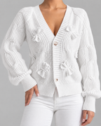 Women's Cable Knit Bow Cardigan - V-Neck Button Front Balloon Sleeve