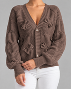 Women's Cable Knit Bow Cardigan - V-Neck Button Front Balloon Sleeve