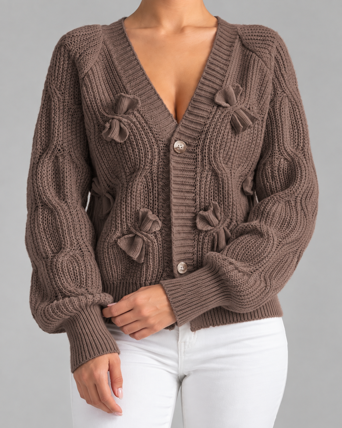 Women's Cable Knit Bow Cardigan - V-Neck Button Front Balloon Sleeve