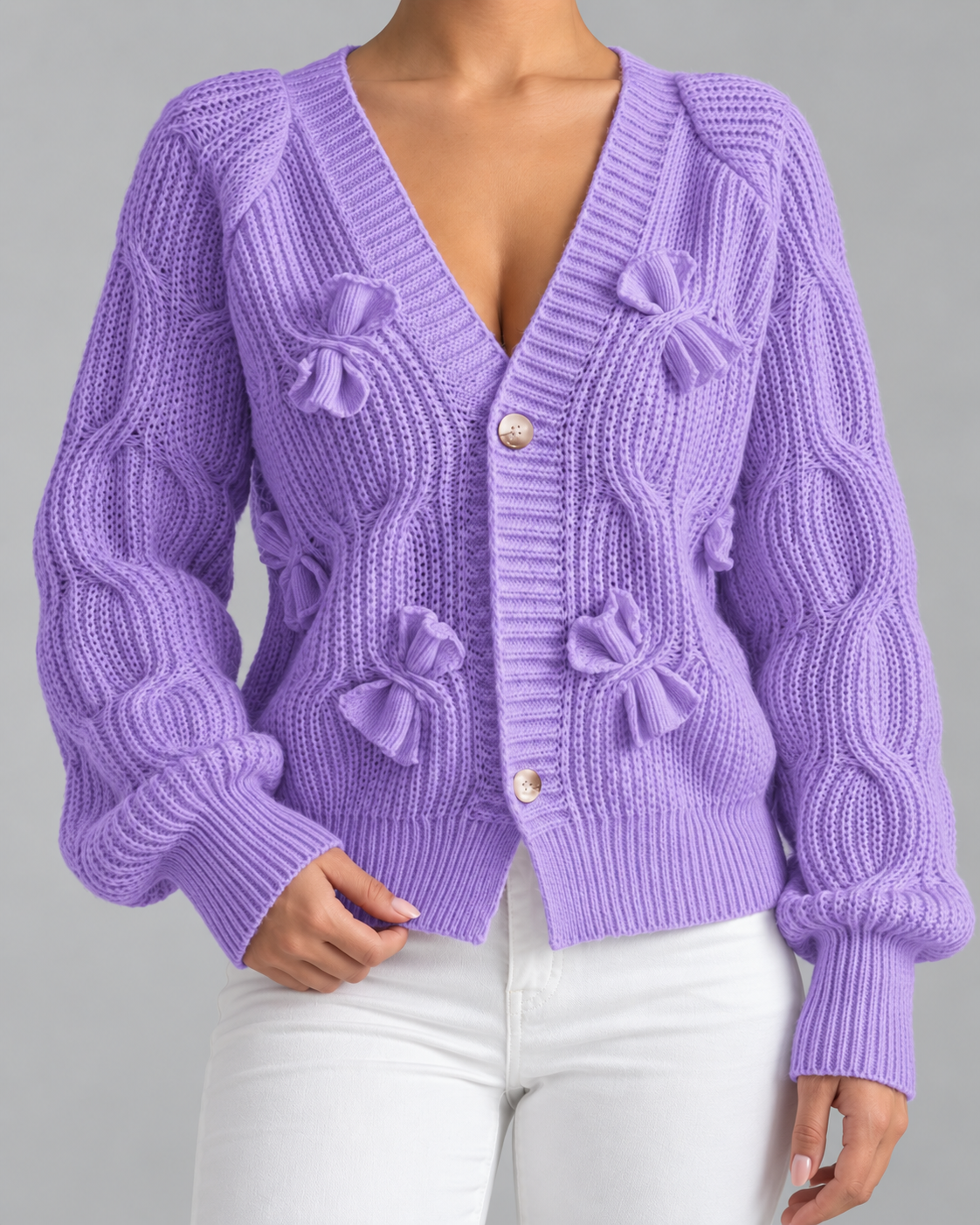 Women's Cable Knit Bow Cardigan - V-Neck Button Front Balloon Sleeve