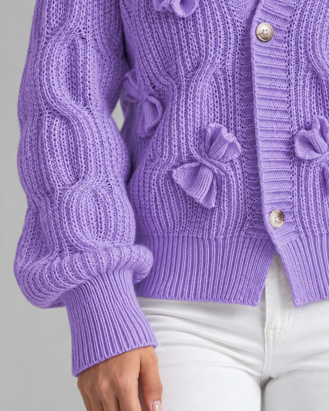 Women's Cable Knit Bow Cardigan - V-Neck Button Front Balloon Sleeve
