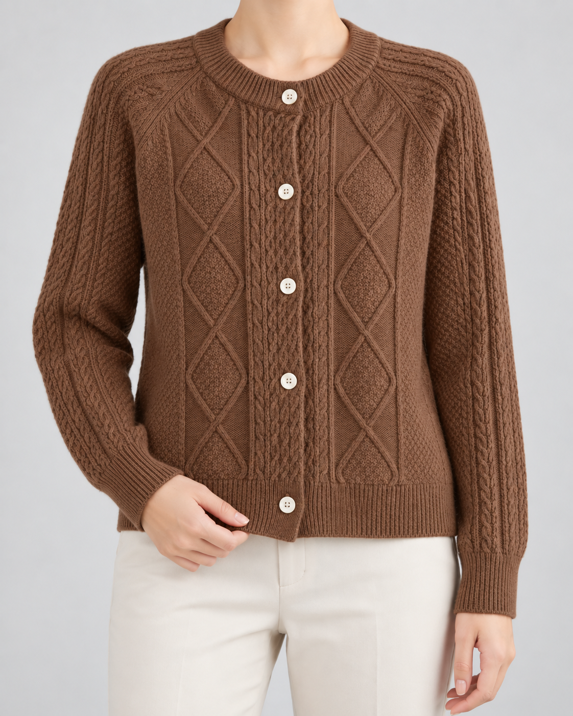 Women's Cable Knit Button Cardigan - Crew Neck Regular Fit