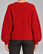 Women's Cable Knit Cardigan - Bow Front Balloon Sleeve Relaxed Fit