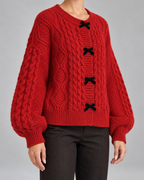 Women's Cable Knit Cardigan - Bow Front Balloon Sleeve Relaxed Fit