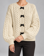 Women's Cable Knit Cardigan - Bow Front Balloon Sleeve Relaxed Fit