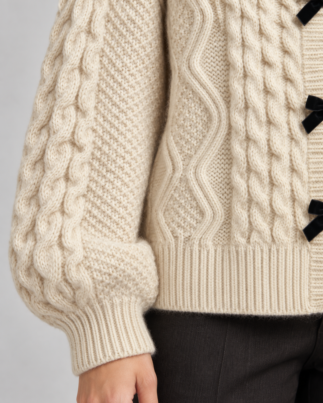 Women's Cable Knit Cardigan - Bow Front Balloon Sleeve Relaxed Fit