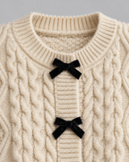 Women's Cable Knit Cardigan - Bow Front Balloon Sleeve Relaxed Fit