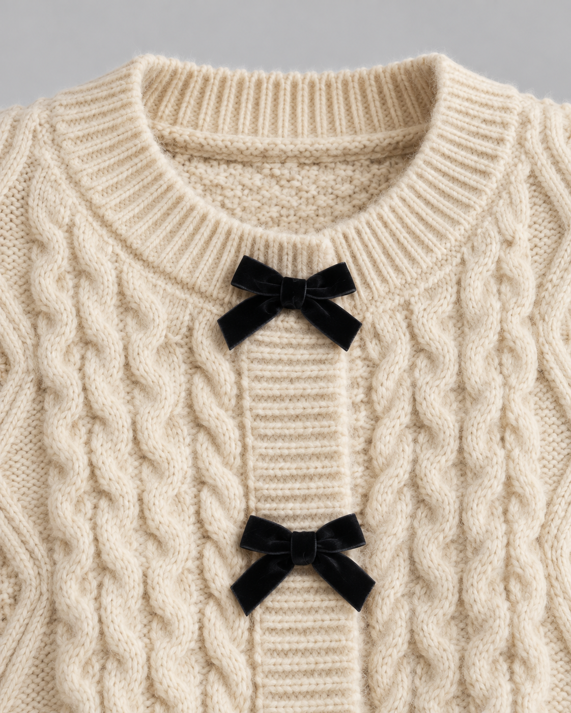 Women's Cable Knit Cardigan - Bow Front Balloon Sleeve Relaxed Fit
