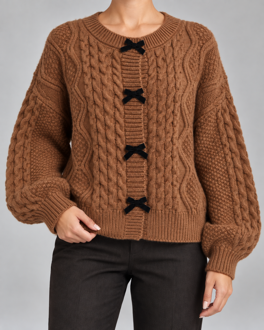 Women's Cable Knit Cardigan - Bow Front Balloon Sleeve Relaxed Fit