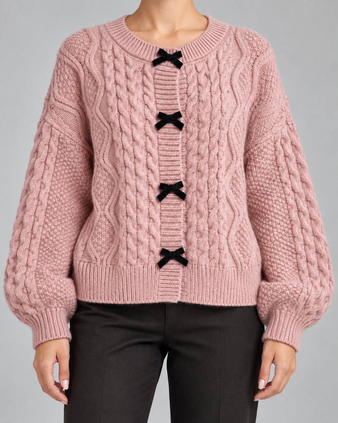 Women's Cable Knit Cardigan - Bow Front Balloon Sleeve Relaxed Fit