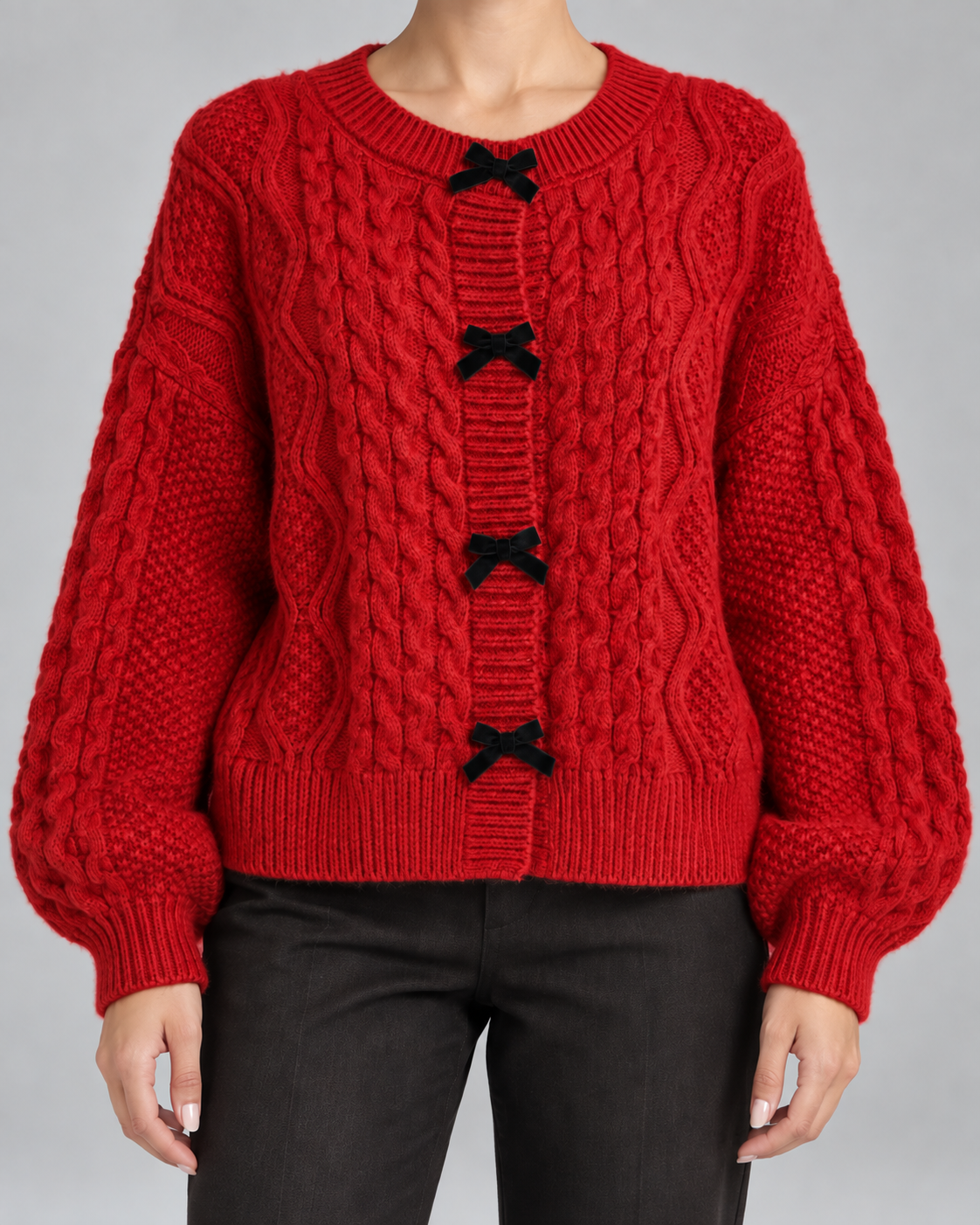 Women's Cable Knit Cardigan - Bow Front Balloon Sleeve Relaxed Fit