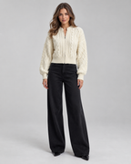 Women's Cable Knit Zip-Up Cardigan - Cropped Balloon Sleeve