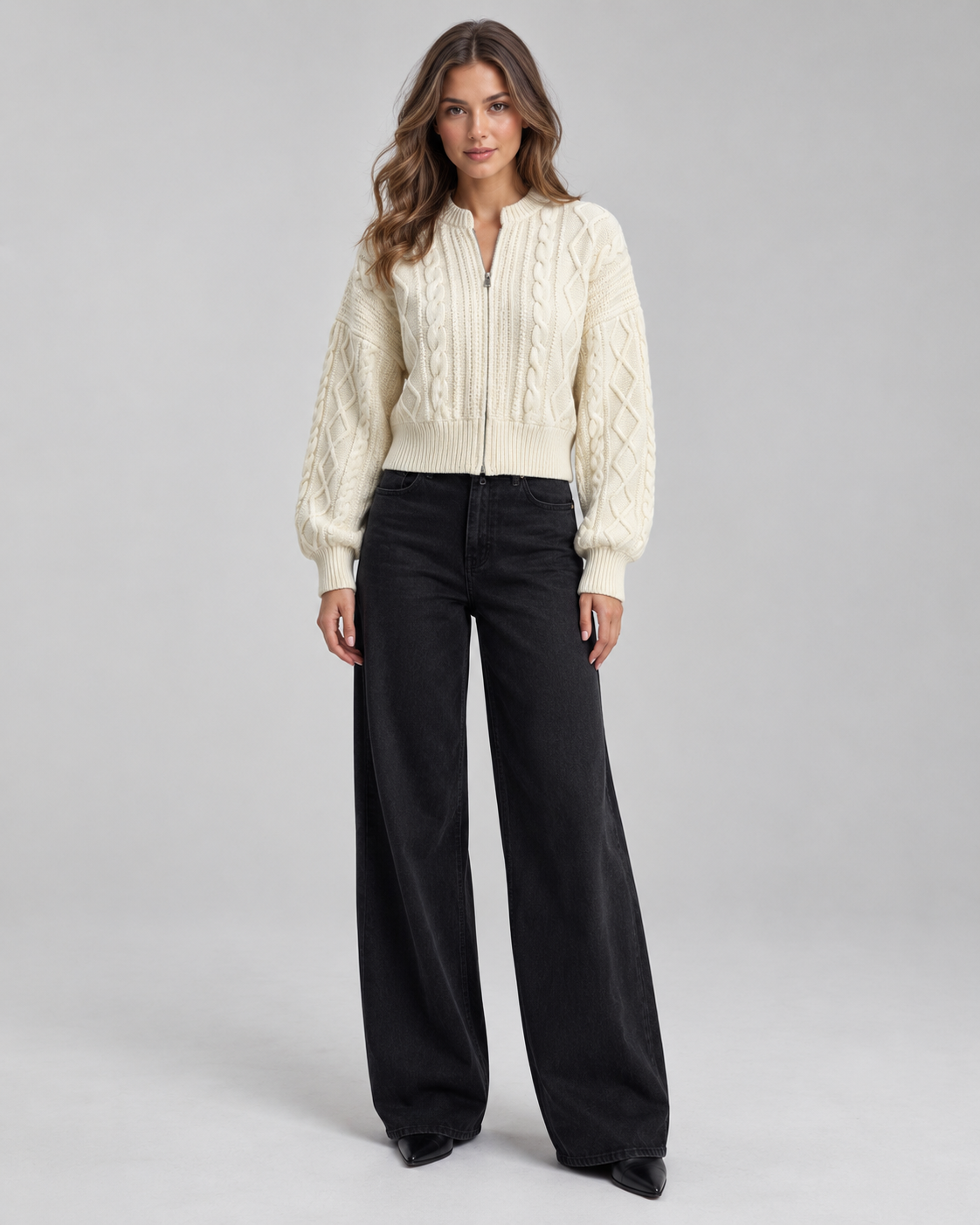 Women's Cable Knit Zip-Up Cardigan - Cropped Balloon Sleeve