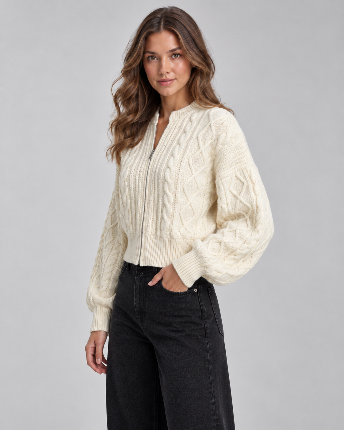 Women's Cable Knit Zip-Up Cardigan - Cropped Balloon Sleeve