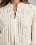 Women's Cable Knit Zip-Up Cardigan - Cropped Balloon Sleeve