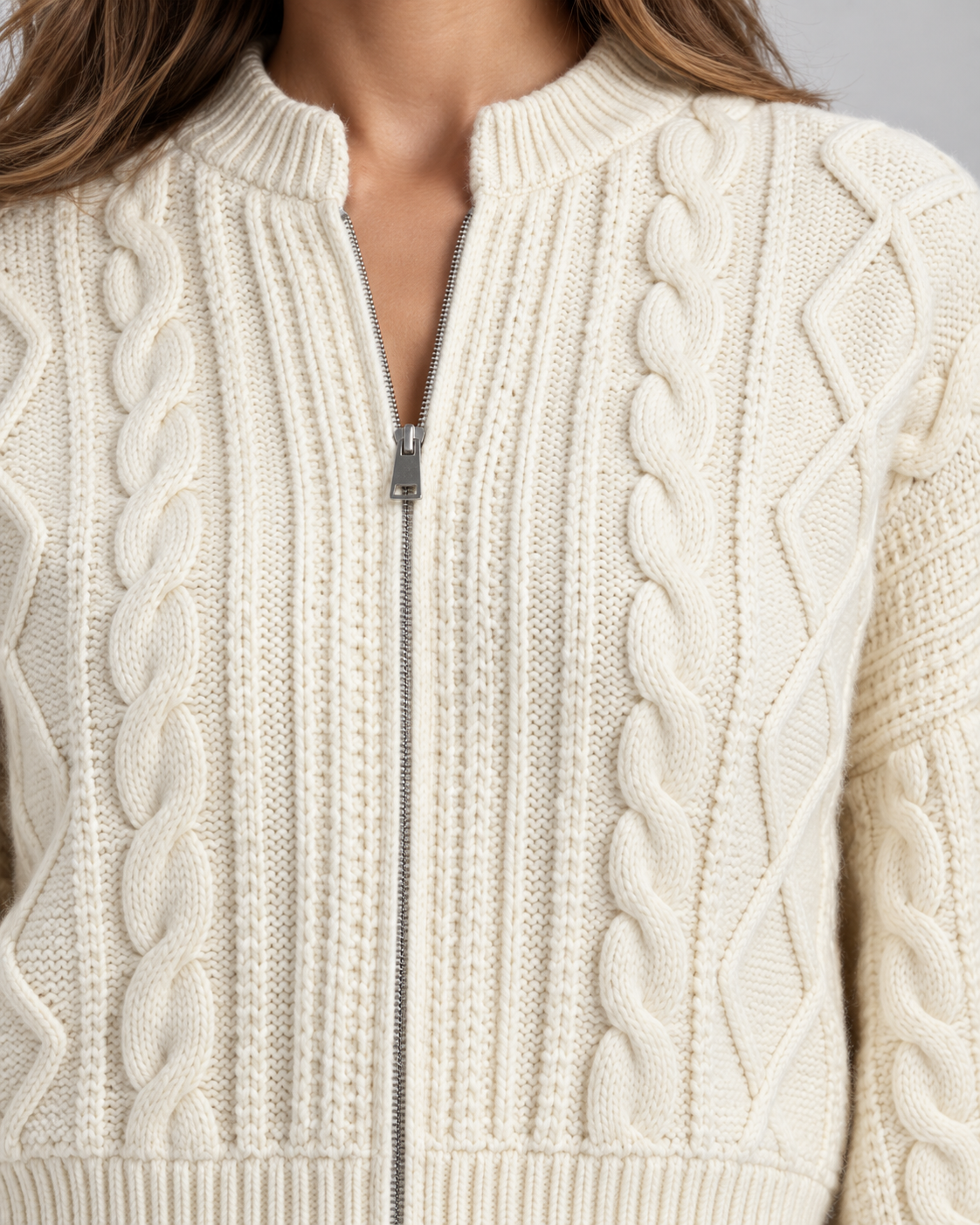 Women's Cable Knit Zip-Up Cardigan - Cropped Balloon Sleeve