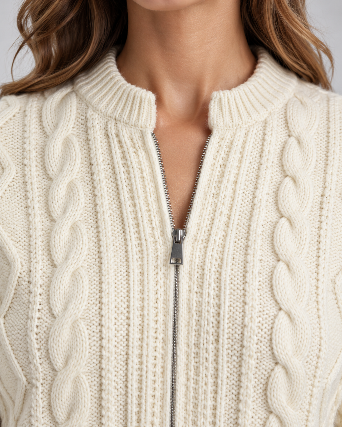 Women's Cable Knit Zip-Up Cardigan - Cropped Balloon Sleeve