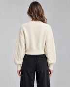 Women's Cable Knit Zip-Up Cardigan - Cropped Balloon Sleeve
