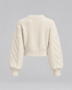 Women's Cable Knit Zip-Up Cardigan - Cropped Balloon Sleeve