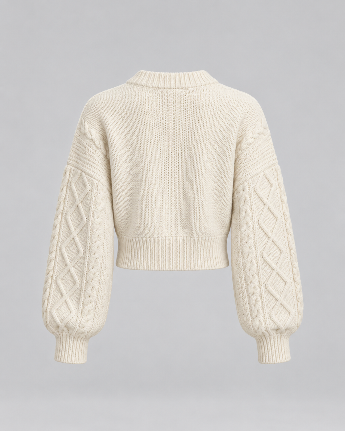 Women's Cable Knit Zip-Up Cardigan - Cropped Balloon Sleeve