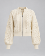 Women's Cable Knit Zip-Up Cardigan - Cropped Balloon Sleeve