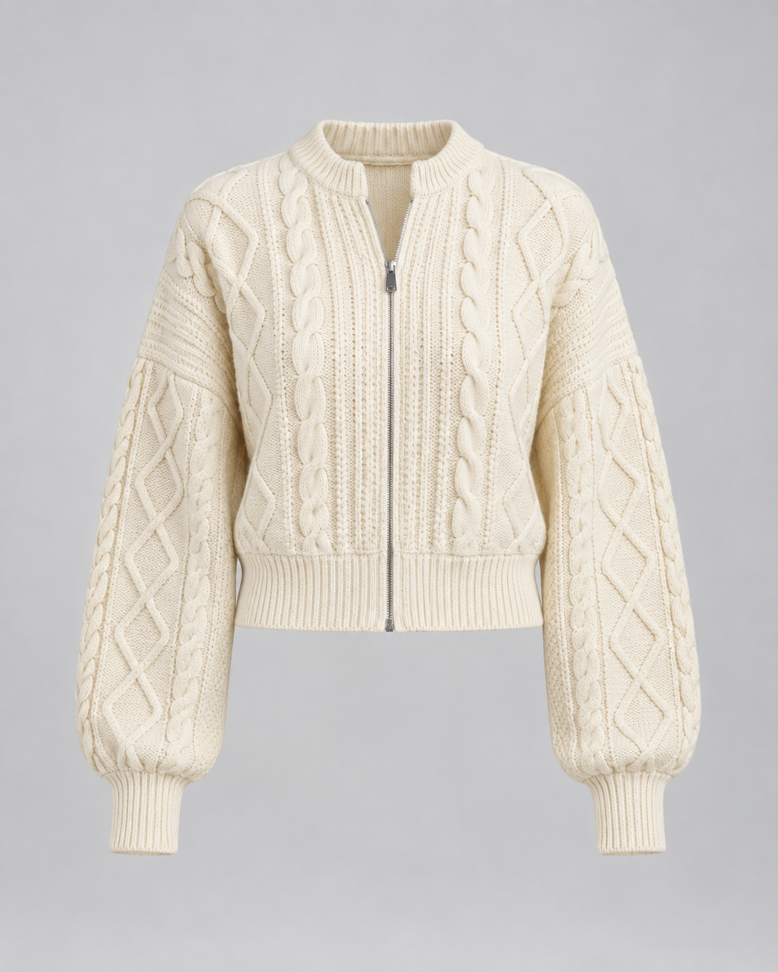Women's Cable Knit Zip-Up Cardigan - Cropped Balloon Sleeve