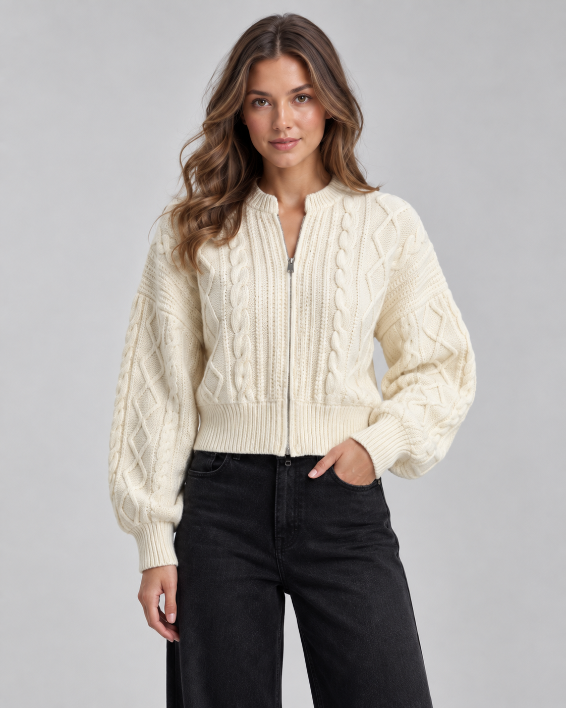 Women's Cable Knit Zip-Up Cardigan - Cropped Balloon Sleeve