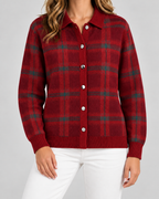 Women's Checked Knit Cardigan - Collared Button Front Relaxed Fit