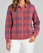 Women's Checked Knit Cardigan - Collared Button Front Relaxed Fit